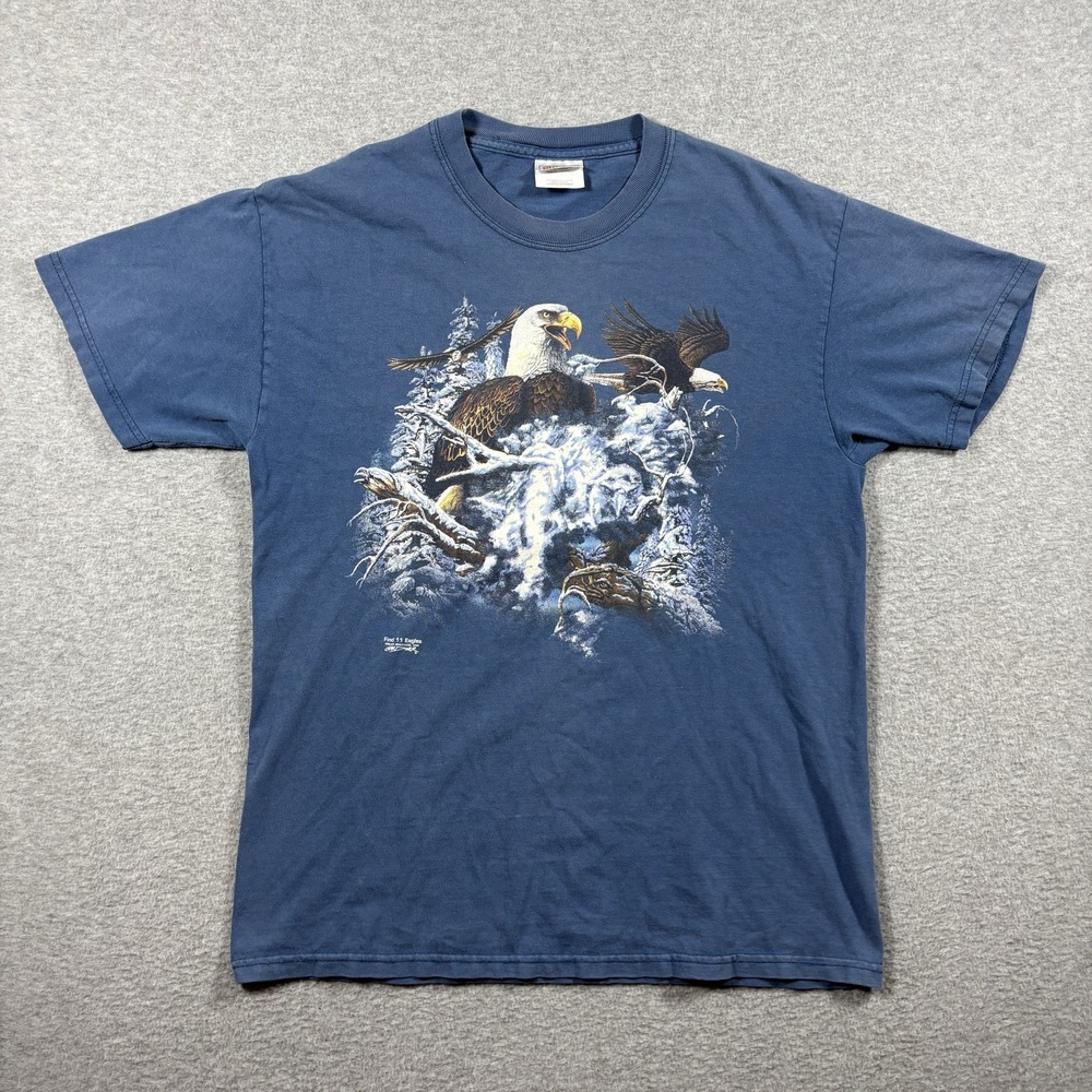 Vintage 90s Polar Graphics Find 11 Eagles T Shirt Blue Mens Medium Gardner USA